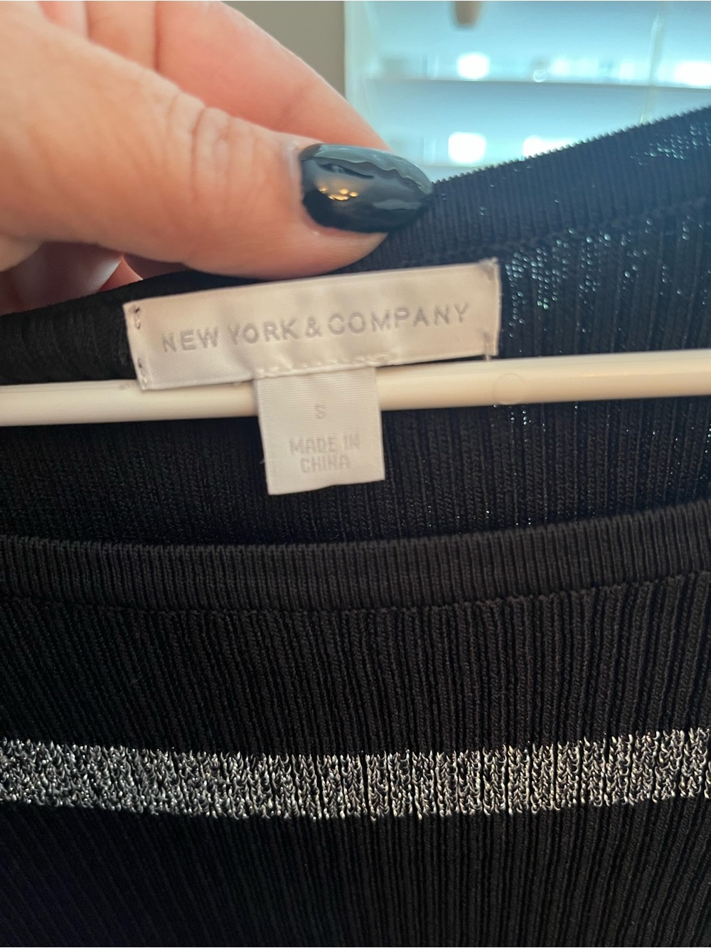 New York & Company Black Ribbed Top with Metallic Silver Band